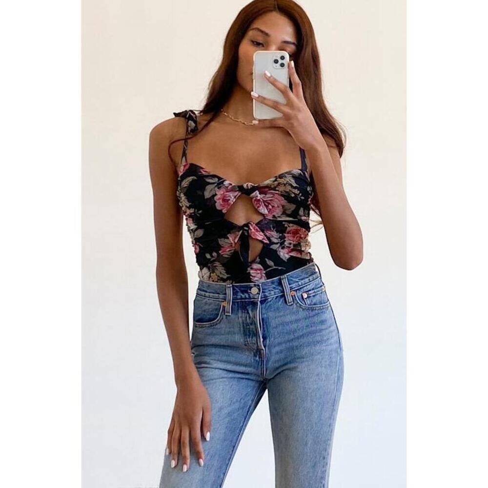 Lulus Keep Blooming Black Floral Print Mesh Knotted Tie-strap Bodysuit - Size S